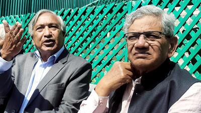 CPI(M) general secretary Sitaram Yechury and party leader MY Tarigami (left) addressing a press conference in Srinagar on Thursday. (ANI Photo) CPI(M) general secretary Sitaram Yechury and party leader MY Tarigami (left) addressing a press conference in Srinagar on Thursday. (ANI Photo)