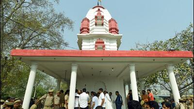 On Monday, locals had also found blood on the temple premises that they presumed to be an animal’s, sparking tensions in the area. After an initial investigation, however, police said the blood prima facie appeared to be human, not animal. (Sunil Ghosh/HT Photo) On Monday, locals had also found blood on the temple premises that they presumed to be an animal’s, sparking tensions in the area. After an initial investigation, however, police said the blood prima facie appeared to be human, not animal. (Sunil Ghosh/HT Photo)