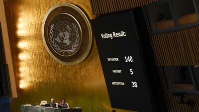 Screens display the results of a vote on a resolution regarding the war in Ukraine at United Nations headquarters on Thursday. (AP) Screens display the results of a vote on a resolution regarding the war in Ukraine at United Nations headquarters on Thursday. (AP)