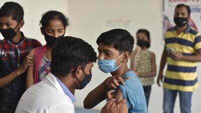 A student being vaccinated against Covid-19 at Community Health Center, in Noida, India, on Monday. (Sunil Ghosh / HT) A student being vaccinated against Covid-19 at Community Health Center, in Noida, India, on Monday. (Sunil Ghosh / HT)