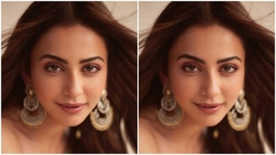 Rakul Preet’s saree came with hand painted cherry red bougainvillea and hand embroidered gota and a zig zag gota border. Rakul Preet paired it with an off-shoulder blouse of the same colour. (Instagram/@rakulpreet)
