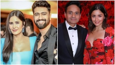 Katrina Kaif and Vicky Kaushal and Alia Bhatt with Apoorva Mehta. Katrina Kaif and Vicky Kaushal and Alia Bhatt with Apoorva Mehta.