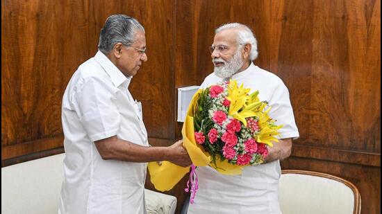 Kerala chief minister Pinarayi Vijayan with Prime Minister Narendra Modi in New Delhi on Thursday. (PTI)