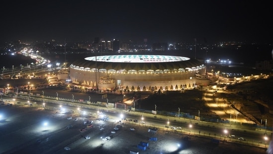 Preparations underway at the Atal Bihari Vajpayee Stadium in Lucknow where the swearing-in ceremony of the Yogi Adityanath government 2.0 will be held on March 25.