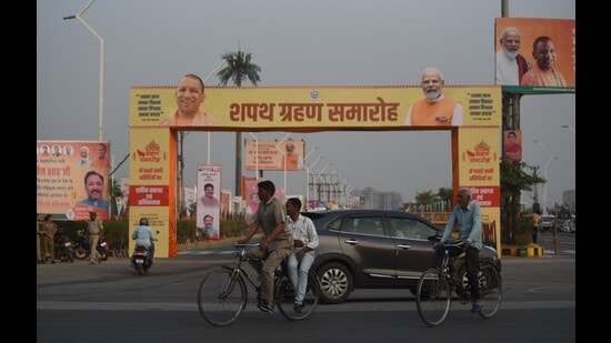 The swearing-in of Yogi 2.0 government will take place at Ekana stadium in Lucknow on Friday (Deepak Gupta/HT)