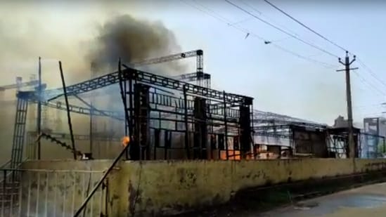 A video grab of the fire at Rohini in Delhi on Thursday.