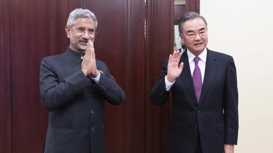 File photo of Chinese foreign minister Wang Yi with external affairs minister S Jaishankar during a meeting of the SCO in Moscow.(AP)