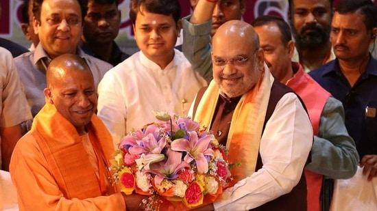 Union home minister of India Amit Shah along with Uttar Pradesh caretaker chief minister Yogi Adityanath at BJP's newly elected MLAs' meeting at Lok Bhawan in Lucknow on Thursday March 24, 2022. (Photo by Deepak Gupta/Hindustan Times)