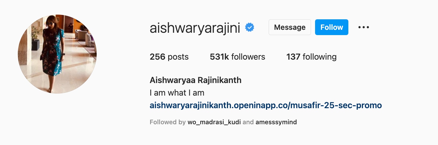 Aishwaryaa has a new name on Instagram.