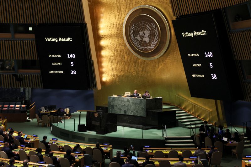 Voting results are seen on the screen during a special session of the UN General Assembly on Russia's invasion of Ukraine, at the United Nations. (REUTERS)