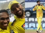 Dwayne Bravo with MS Dhoni; Ravindra Jadeja Dwayne Bravo with MS Dhoni; Ravindra Jadeja