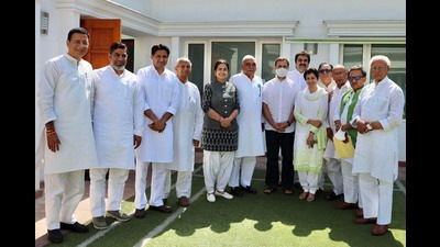 Former Indian National Congress president Rahul Gandhi with party leaders from Haryana in New Delhi on Friday. (ANI) Former Indian National Congress president Rahul Gandhi with party leaders from Haryana in New Delhi on Friday. (ANI)