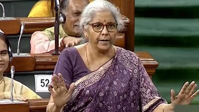**EDS: TV GRAB** New Delhi: Union Finance Minister Nirmala Sitharaman speaks in the Lok Sabha during the second part of Budget Session of Parliament, in New Delhi, Friday, March 25, 2022. (SANSAD TV/PTI Photo)(PTI03_25_2022_000210B) (PTI)