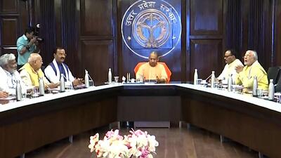 Uttar Pradesh chief minister Yogi Adityanath holds the first meeting of the council of ministers in the state, in Lucknow on Friday. (ANI)