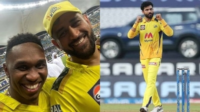 Dwayne Bravo with MS Dhoni; Ravindra Jadeja Dwayne Bravo with MS Dhoni; Ravindra Jadeja