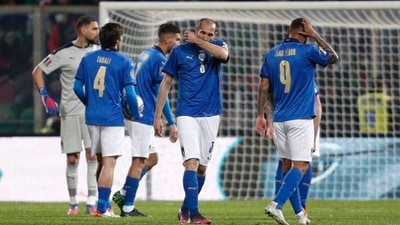 Italy's Giorgio Chiellini and teammates look dejected after match against North Macedonia (REUTERS)