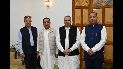 BJP national vice-president (third from left) Saudan Singh after a meeting with Himachal CM Jai Ram Thakur in Shimla on Friday (HT Photo) BJP national vice-president (third from left) Saudan Singh after a meeting with Himachal CM Jai Ram Thakur in Shimla on Friday (HT Photo)