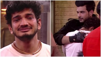 Karan Kundrra consoles Munawar Faruqui as he breaks down in Lock Upp. Karan Kundrra consoles Munawar Faruqui as he breaks down in Lock Upp.