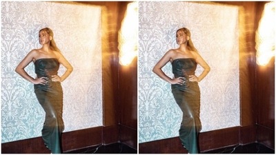 Shibani’s off-shoulder gown came with lace details on one side. The gown had one thigh high slit detail and hugged Shibani’s curves perfectly. (Instagram/@shibanidandekar)
