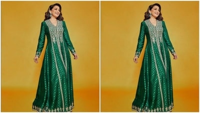 Madhuri’s ethnic fashion diaries are a treat for sore eyes. A few days back, the actor slayed traditional fashion goals in an Anita Dongre-designed green anarkali gown. (Instagram/@gauravguptaofficial)