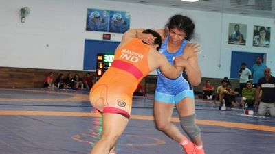 Rio Olympics bronze medallist Sakshi Malik (right) in action against Manisha during the women's wrestling trials in Lucknow on Friday. (SAI Lucknow) Rio Olympics bronze medallist Sakshi Malik (right) in action against Manisha during the women's wrestling trials in Lucknow on Friday. (SAI Lucknow)