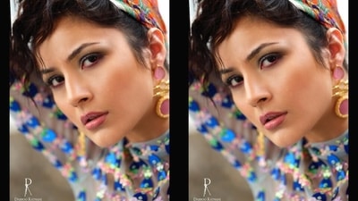 In the end, smoky grey eye shadow, a glossy nude pink lip shade, red-hued eyeliner, mascara-adorned lashes, on-fleek eyebrows, blushed cheeks, and beaming highlighter rounded off the glam picks. (Instagram/@shehnaazgill) In the end, smoky grey eye shadow, a glossy nude pink lip shade, red-hued eyeliner, mascara-adorned lashes, on-fleek eyebrows, blushed cheeks, and beaming highlighter rounded off the glam picks. (Instagram/@shehnaazgill)