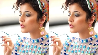 Shehnaaz chose a nude tulle sheath dress with a hint of powder blue accent. It came hand-embroidered with multi-coloured acrylic mirrors and sequins and featured raised round neck collar and full sleeves. Its bodycon silhouette accentuated Bigg Boss 13 contestant's svelte frame and lent a feminine touch. (Instagram/@shehnaazgill) Shehnaaz chose a nude tulle sheath dress with a hint of powder blue accent. It came hand-embroidered with multi-coloured acrylic mirrors and sequins and featured raised round neck collar and full sleeves. Its bodycon silhouette accentuated Bigg Boss 13 contestant's svelte frame and lent a feminine touch. (Instagram/@shehnaazgill)