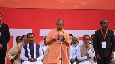 Yogi Adityanath takes oath as the chief minister of Uttar Pradesh for a record straight term, at Lucknow's Ekana Stadium on Friday, March 25, 2022. (Photo by Deepak Gupta/Hindustan Times) 