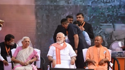 Prime Minister Narendra Modi along with UP chief minister Yogi Adityanath and state's governor Anandiben Patel at Lucknow's Ekana Stadium on Friday, ,March 25, 2022. (Photo by Deepak Gupta/Hindustan Times) 