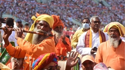 A massive crowd turned up at Lucknow's Ekana Stadium to watch Yogi Adityanath take oath as the chief minister of Uttar Pradesh on Friday, March 25, 2022. (Photo by Deepak Gupta/Hindustan Times) 