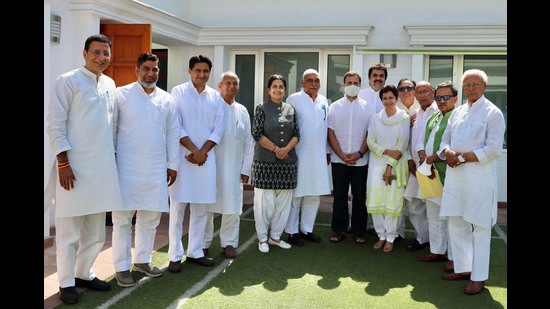 Former Indian National Congress president Rahul Gandhi with party leaders from Haryana in New Delhi on Friday. (ANI)