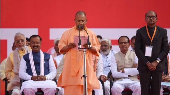 Yogi Adityanath at the swearing-in ceremony in Lucknow on Friday. (Deepak Gupta/HT)