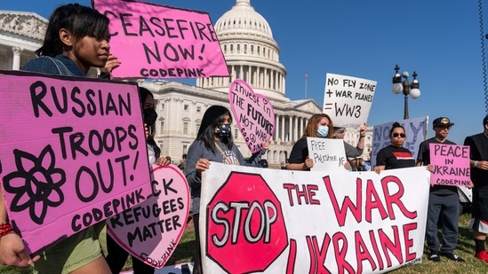Activists protest the Russia Ukraine war on the East Front of the U.S. Capitol, in Washington.(AP) Activists protest the Russia Ukraine war on the East Front of the U.S. Capitol, in Washington.(AP)