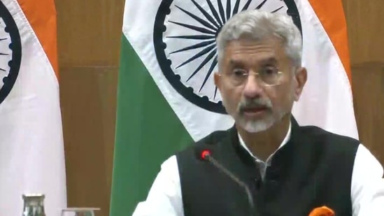 EAM S Jaishankar addresses the media after holding talks with his visiting Chinese counterpart Wang Yi in New Delhi on Friday. (ANI Twitter)