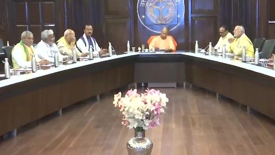 Uttar Pradesh chief minister Yogi Adityanath holds a meeting with newly sworn-in ministers in Lucknow. (ANI Twitter)