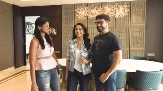 Madhuri Dixit and Sriram Nene in their new house with interior designer Apoorva Shroff.