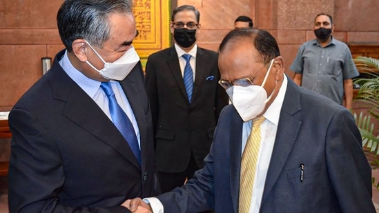 China's Foreign Minister Wang Yi shakes hands with National Security Adviser Ajit Doval, during their meeting, at the South Block, in New Delhi, Friday.(PTI) China's Foreign Minister Wang Yi shakes hands with National Security Adviser Ajit Doval, during their meeting, at the South Block, in New Delhi, Friday.(PTI)