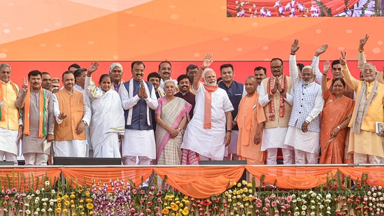All the ministers in Adityanath’s new cabinet took oath after him at a mega ceremony at the Bharat Ratna Atal Bihari Vajpayee Ekana Cricket Stadium in Lucknow.(PTI)