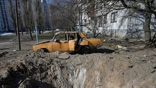 A shell crater in seen at a residential area amid Russia's attack on Ukraine, in Sievierodonetsk, Luhansk region. (Reuters