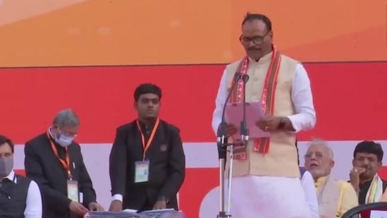 Brajesh Pathak takes oath as the deputy chief minister in Uttar Pradesh government on Friday, March 25, 2022. (ANI Photo)