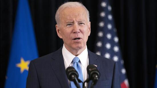 President Joe Biden delivers a statement with European Commission President Ursula von der Leyen about the Russian invasion of Ukraine, at the US Mission in Brussels, on Friday. (AP)