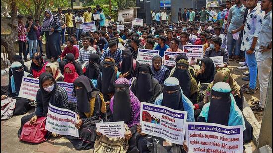 The Karnataka high court on March 15 had dismissed the petitions seeking permission to wear hijab inside the classroom saying it is not a part of the essential religious practice in the Islamic faith. (PTI File)