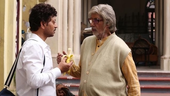 Irrfan Khan with Amitabh Bachchan in the 2015 film Piku.