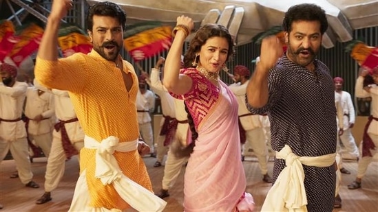 Ram Charan, Alia Bhatt and Jr NTR in a still from RRR.&nbsp;