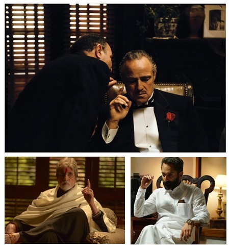 Filmmakers around the world continue to kiss the ring. Echoes of The Godfather (top) resonate in Indian films from Sarkar (Amitabh Bachchan; 2005) to Malik (Fahadh Faasil, 2021). Filmmakers around the world continue to kiss the ring. Echoes of The Godfather (top) resonate in Indian films from Sarkar (Amitabh Bachchan; 2005) to Malik (Fahadh Faasil, 2021).