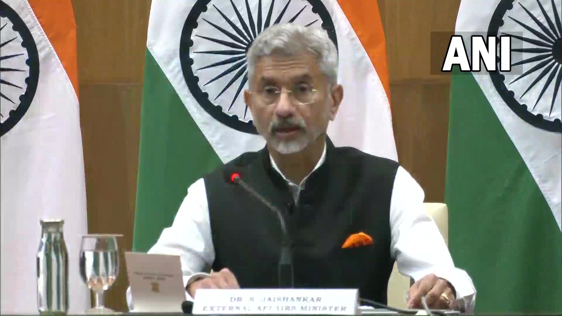 EAM S Jaishankar addresses the media after holding talks with his visiting Chinese counterpart Wang Yi in New Delhi on Friday. (ANI Twitter)
