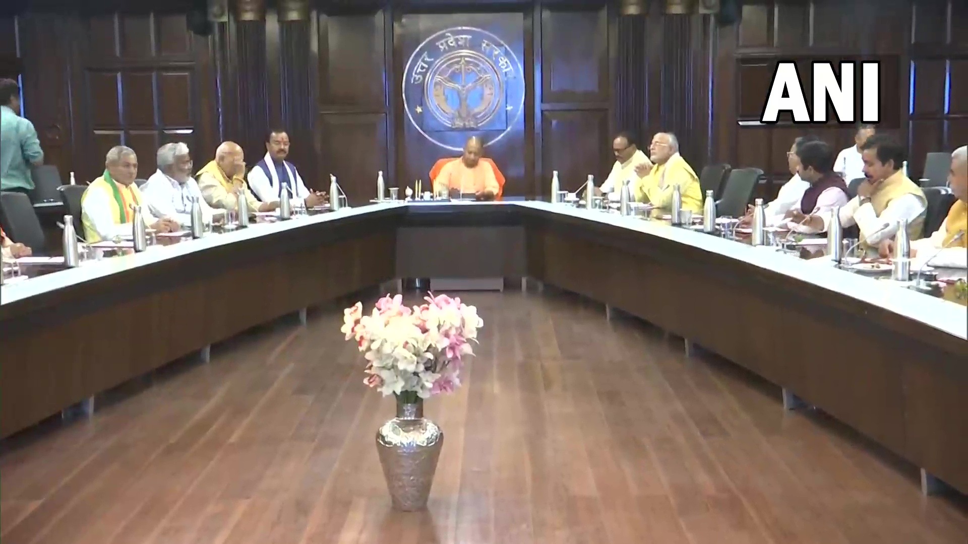 Uttar Pradesh chief minister Yogi Adityanath holds a meeting with newly sworn-in ministers in Lucknow. (ANI Twitter) Uttar Pradesh chief minister Yogi Adityanath holds a meeting with newly sworn-in ministers in Lucknow. (ANI Twitter)