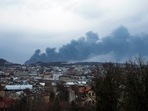 Smoke rises in the sky in Lviv, western Ukraine, Saturday.&nbsp;