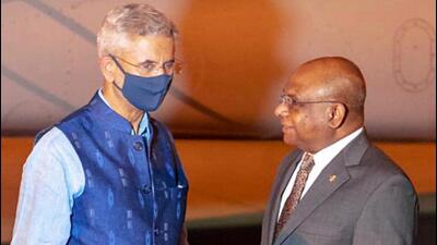 External Affairs Minister S Jaishankar being received by Maldives Foreign Minister Abdulla Shahid on his arrival at Male airport on Saturday. (ANI PHOTO.) External Affairs Minister S Jaishankar being received by Maldives Foreign Minister Abdulla Shahid on his arrival at Male airport on Saturday. (ANI PHOTO.)