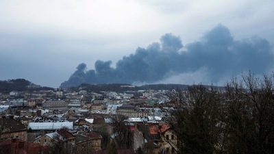 Smoke rises in the sky in Lviv, western Ukraine, Saturday. (AP) Smoke rises in the sky in Lviv, western Ukraine, Saturday. (AP)